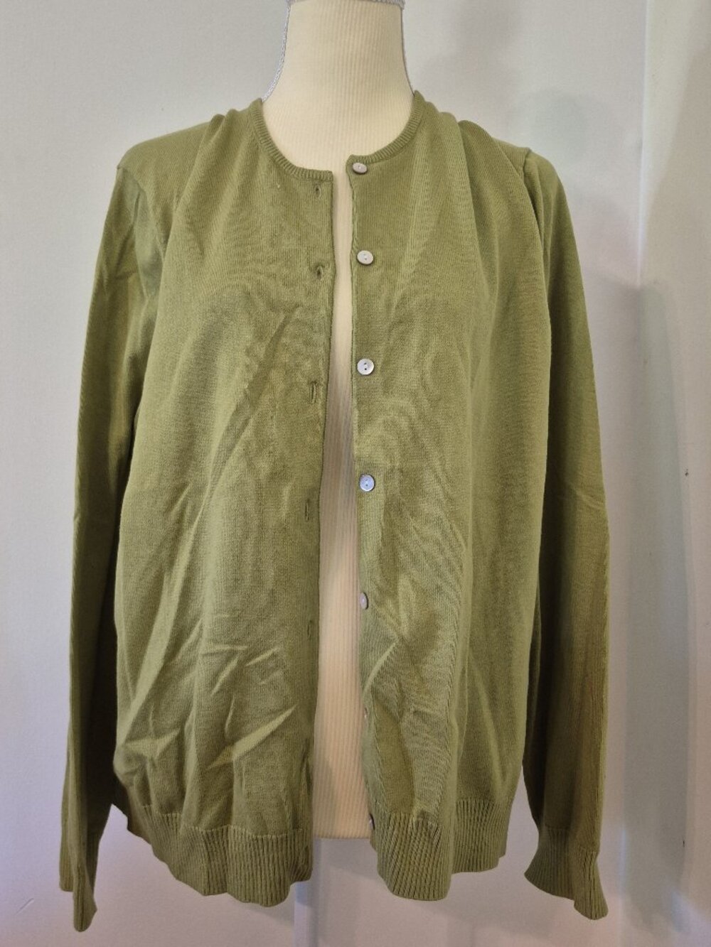 Lands' End Women's L‎ Crewneck Cardigan Sweater Olive Pearl Preppy Quiet Luxury